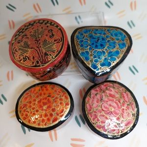 Set of 4 Kashmiri Hand Painted Paper Mache Trinket Box Gold Floral